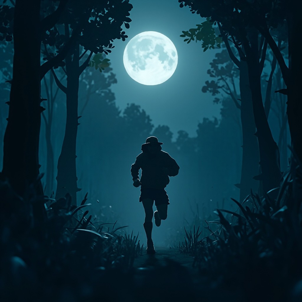 A Man Sprinting Through a Bright Moonlit Forest