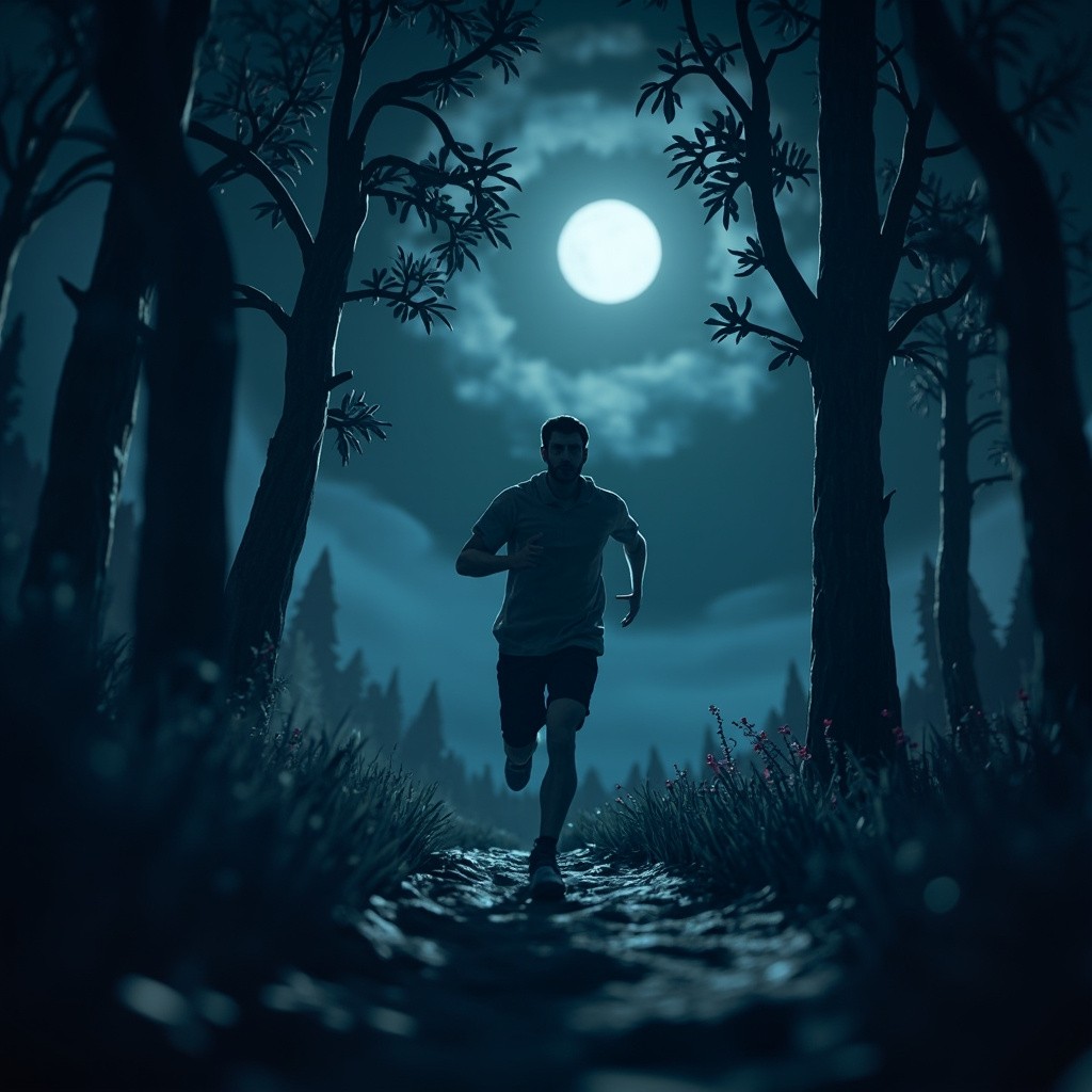 A Man Sprinting in a Moonlit Forest