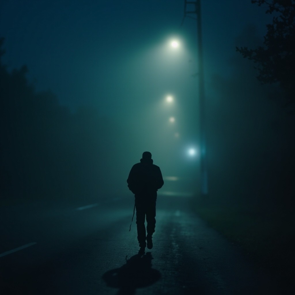 A Man Strolling Foggy, Desolate Road at Night