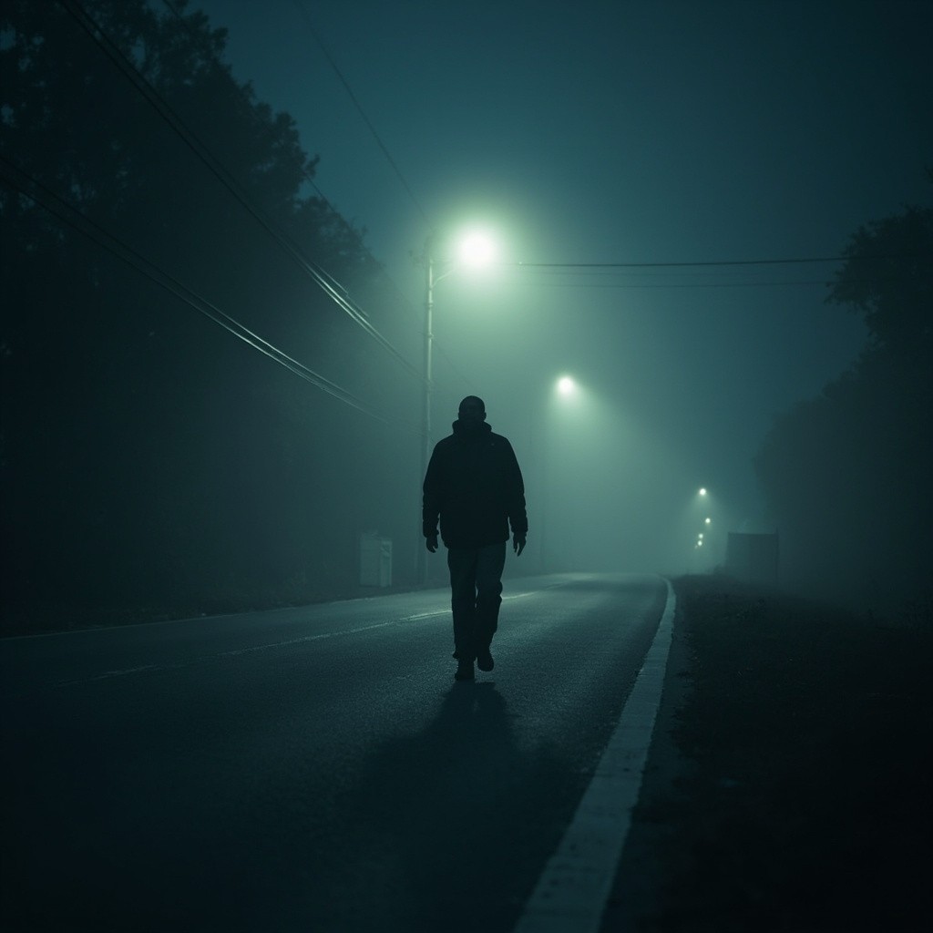 A Man Strolling on Foggy, Empty Road at Night