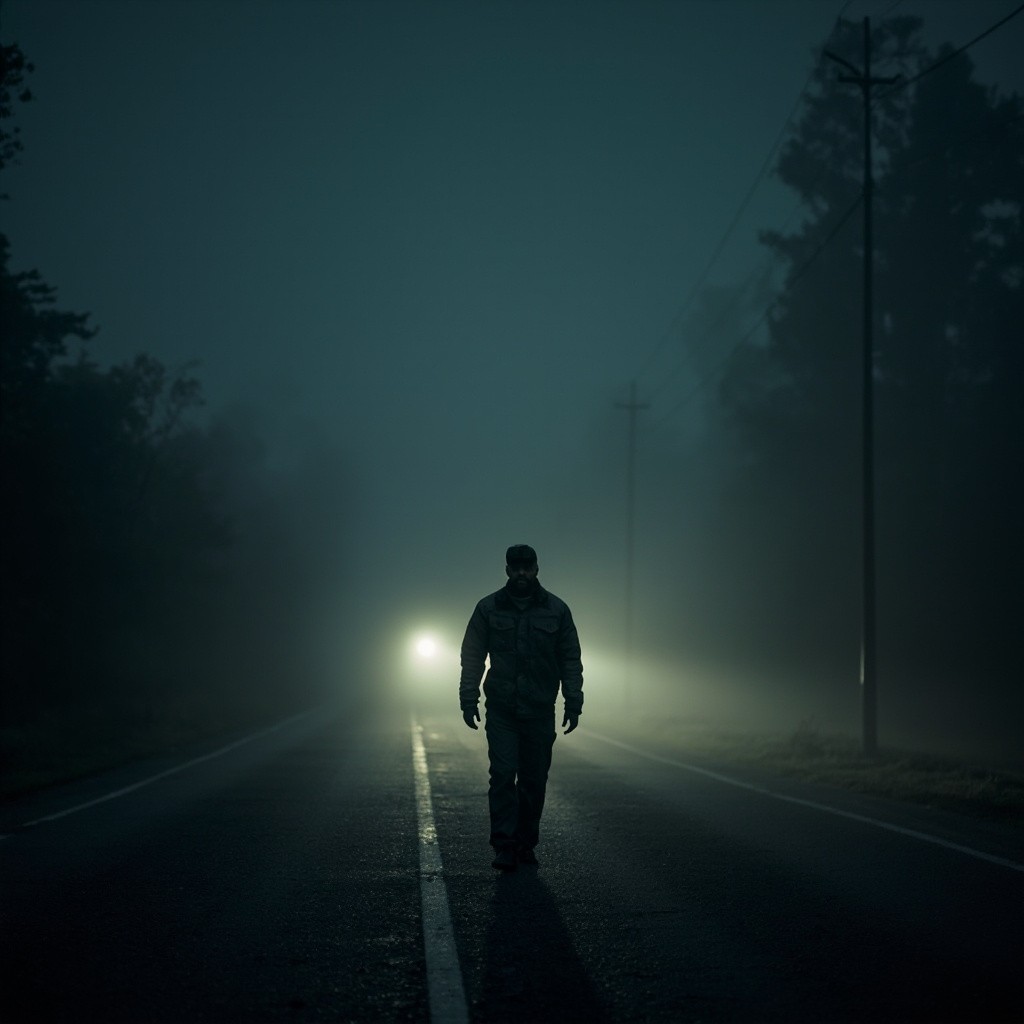 A Man Strolling on a Foggy, Deserted Road