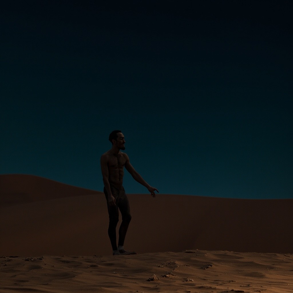 A Man Walking Alone in the Desert Night