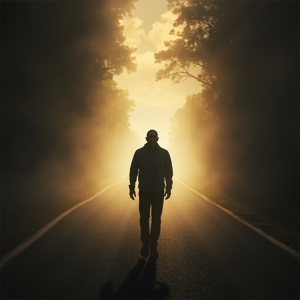 A Man Walking from Darkness Towards Light on Road