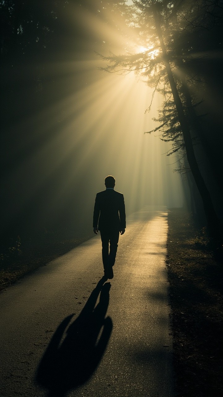 A Man Walking from Darkness Towards Light