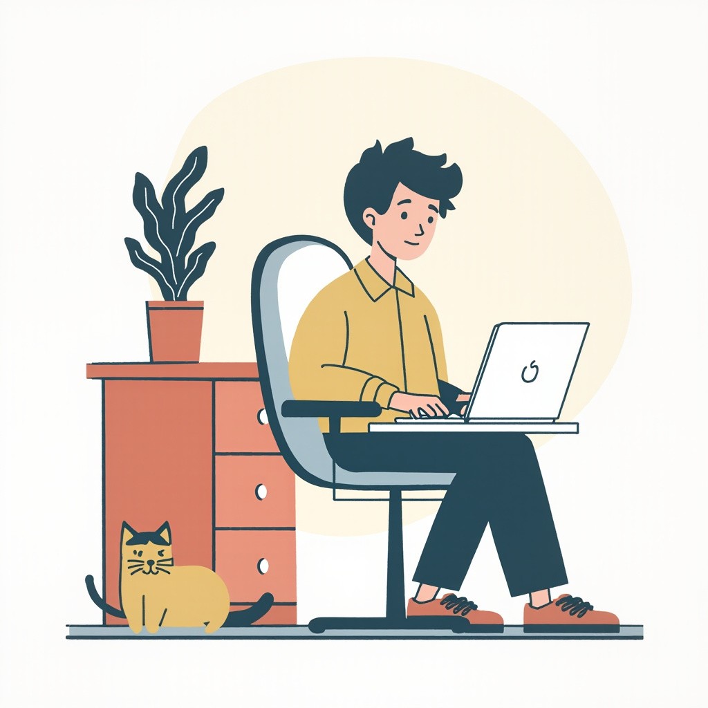 A Man Working on Laptop with Cat Nearby