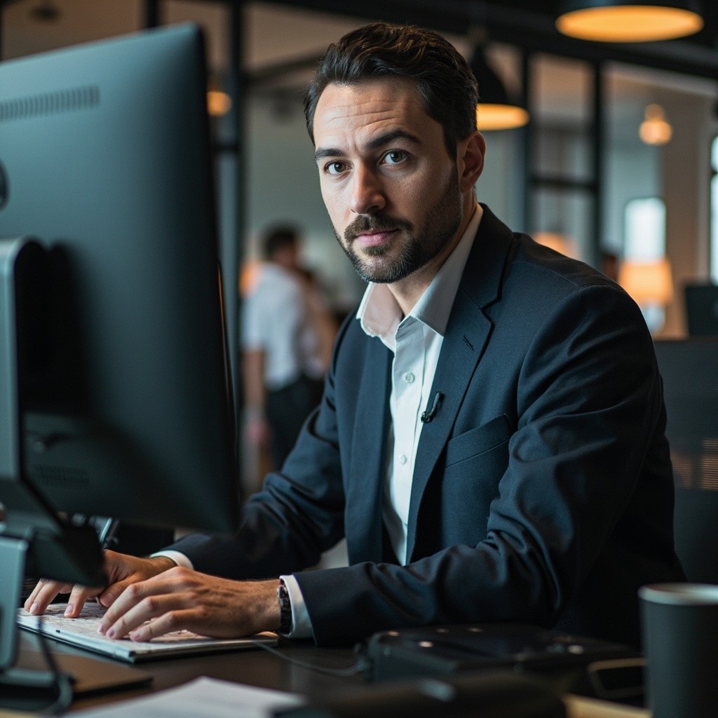 A Man Working on a PC in Office