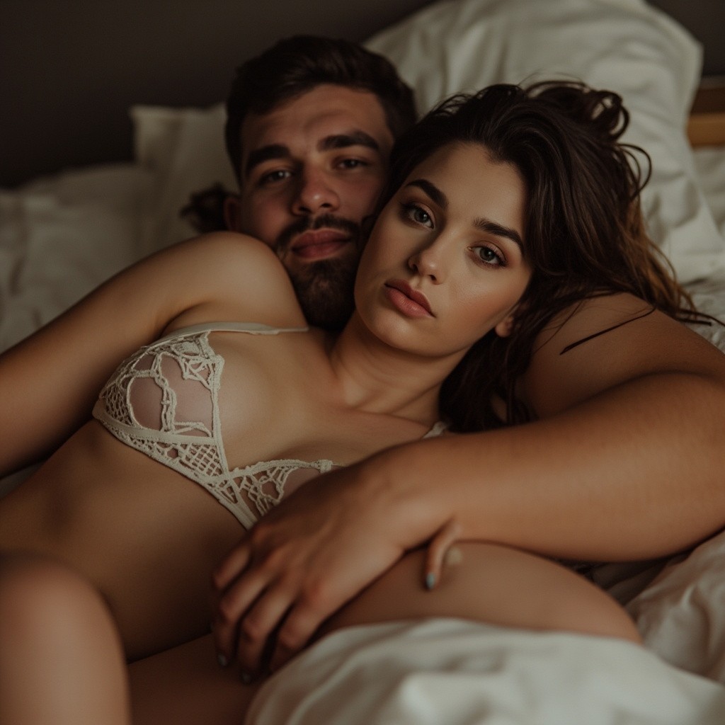 A Man and Women Posing on Bed