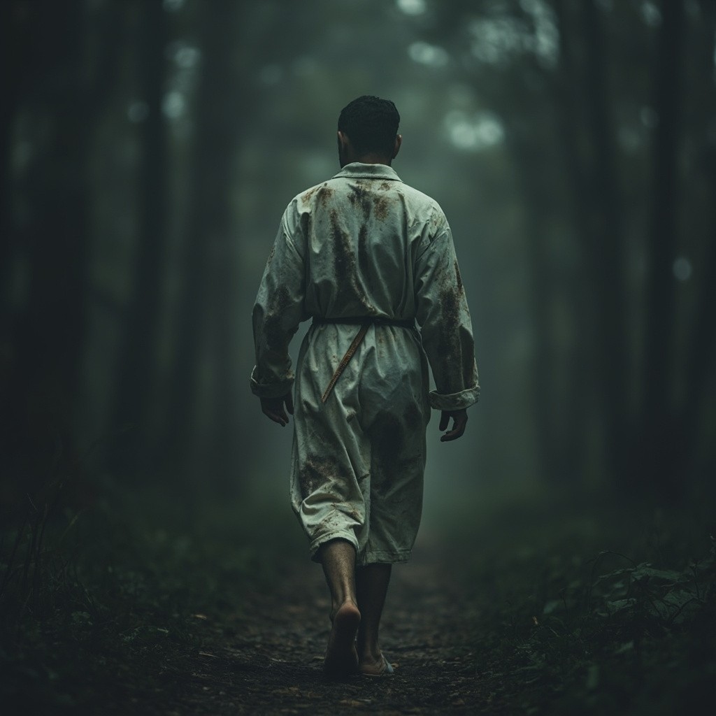 A Man in Dirty White Robe Walking Towards Forest