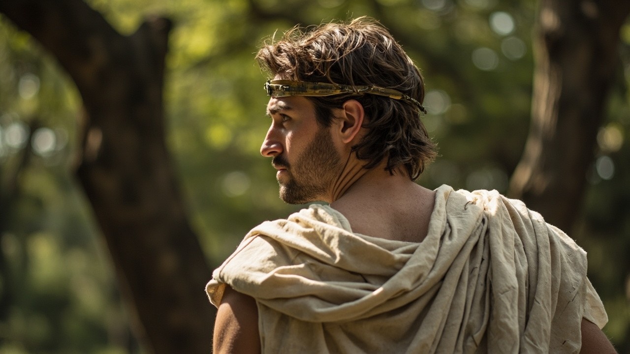 A Man in Greek Attire Gazing at a Tree