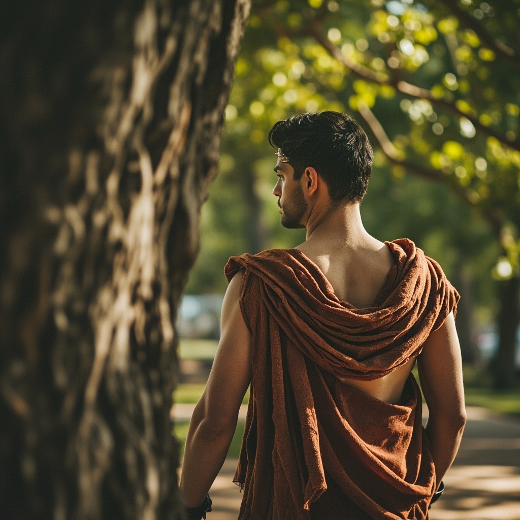 A Man in Greek Attire Observing a Tree