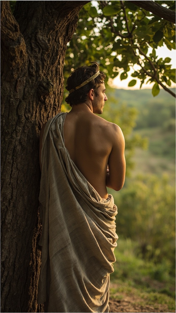A Man in Greek Outfit Looking at a Tree