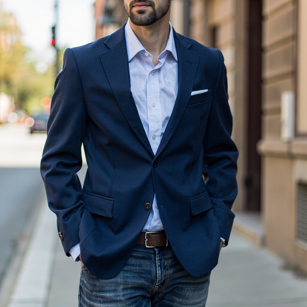 A Man in Navy Blazer, Light Blue Shirt and Jeans