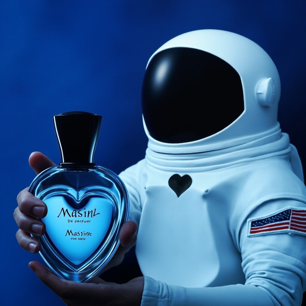 A Man in Space Holding Perfume Bottle