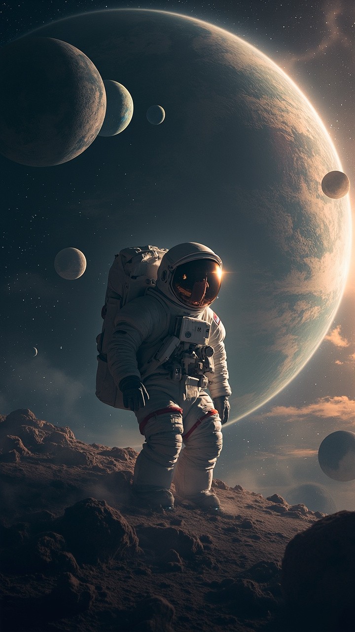 A Man in Space with Unique Planets