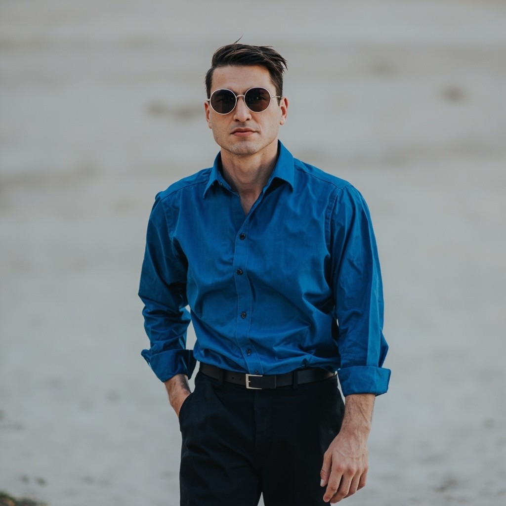 A Man in Sunglasses Wearing Blue Shirt
