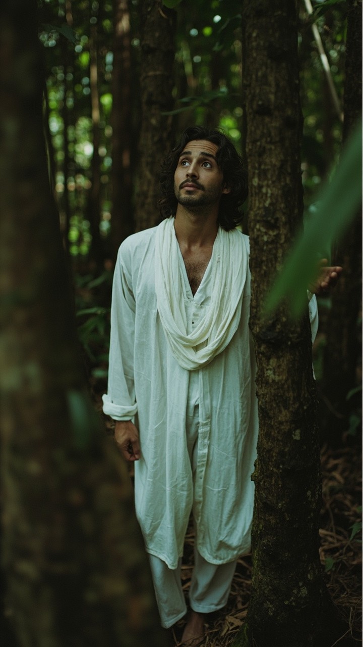 A Man in White Exploring a Dense Jungle