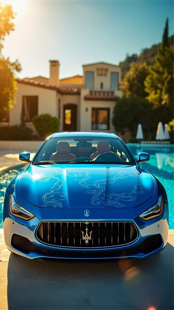 A Maserati by the Poolside of a Luxury Villa