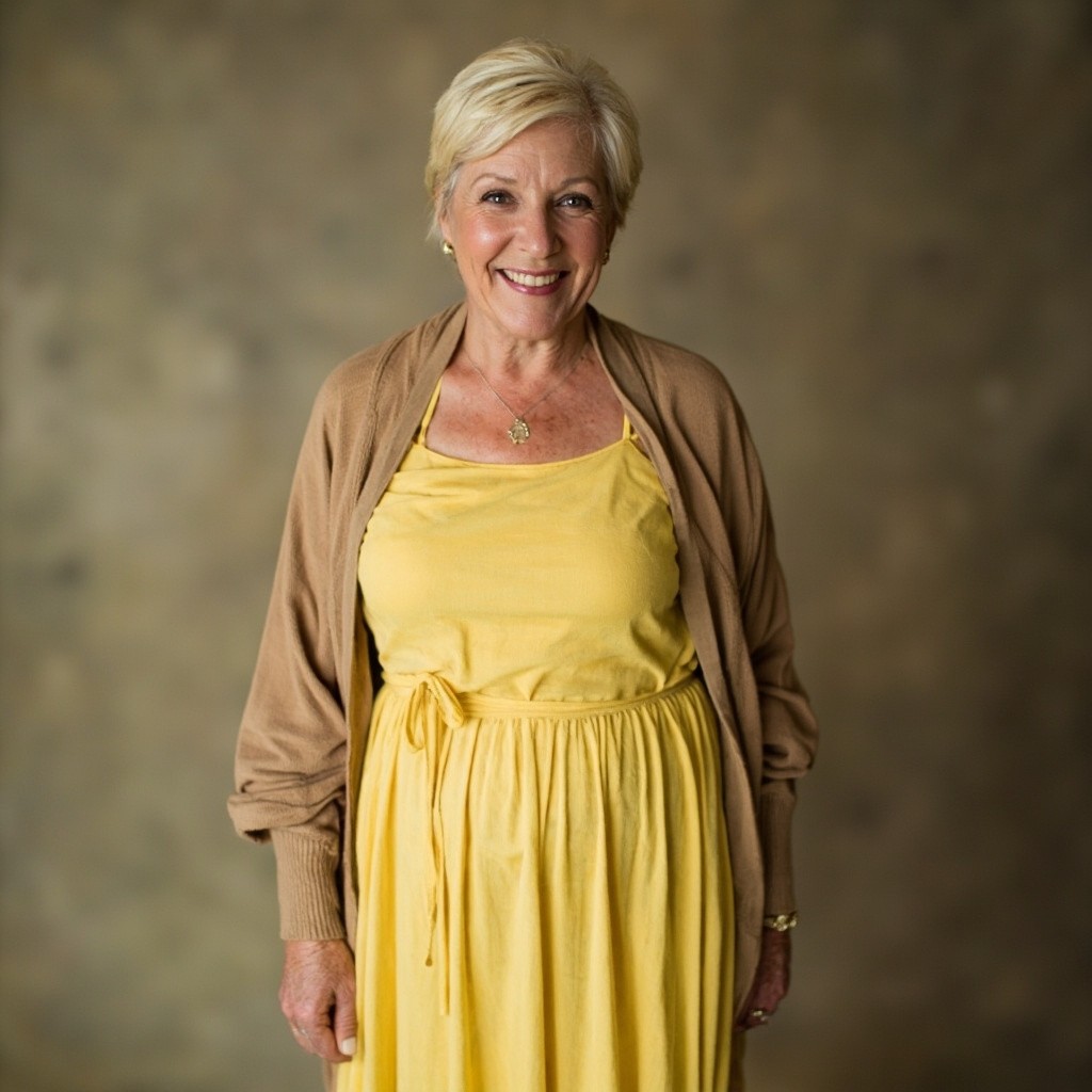 A Mature Woman in Yellow Maxi Dress and Cardigan