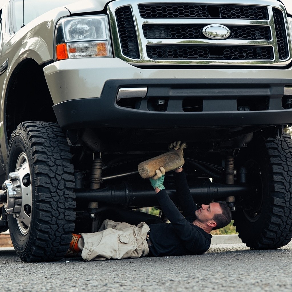 A Mechanic Repairing a Pickup Truck on Road