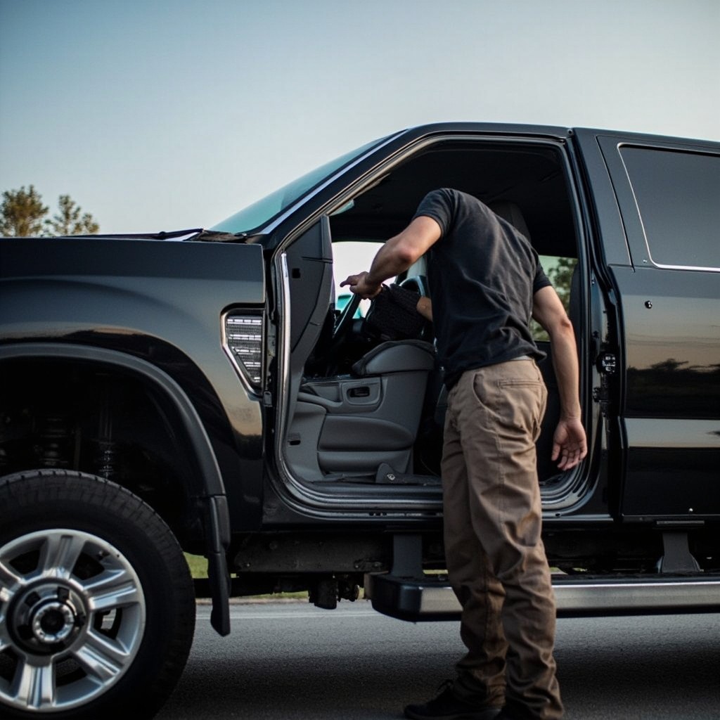 A Mechanic Repairing a Pickup Truck on Road
