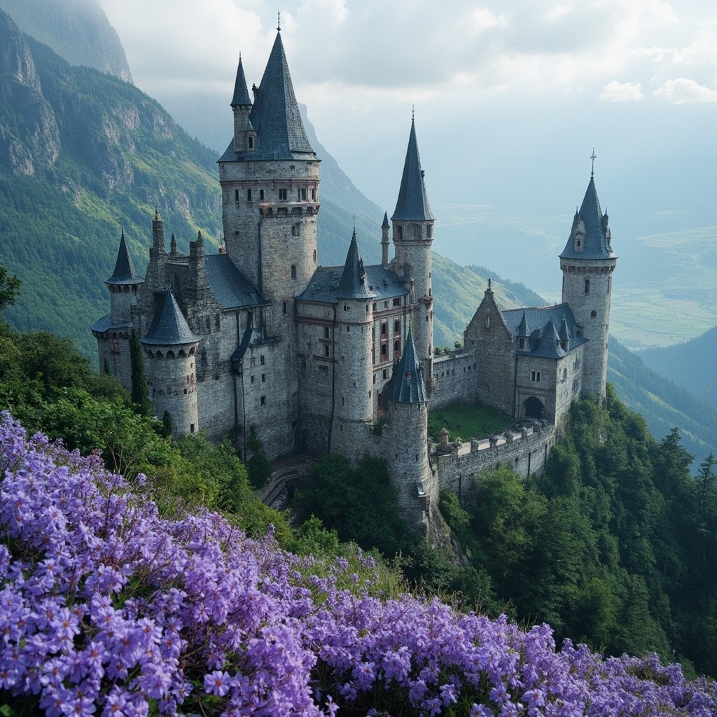 A Medieval Castle Amidst Mountains and Purple Flowers