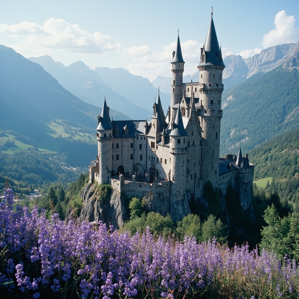 A Medieval Castle Amidst Mountains and Purple Flowers