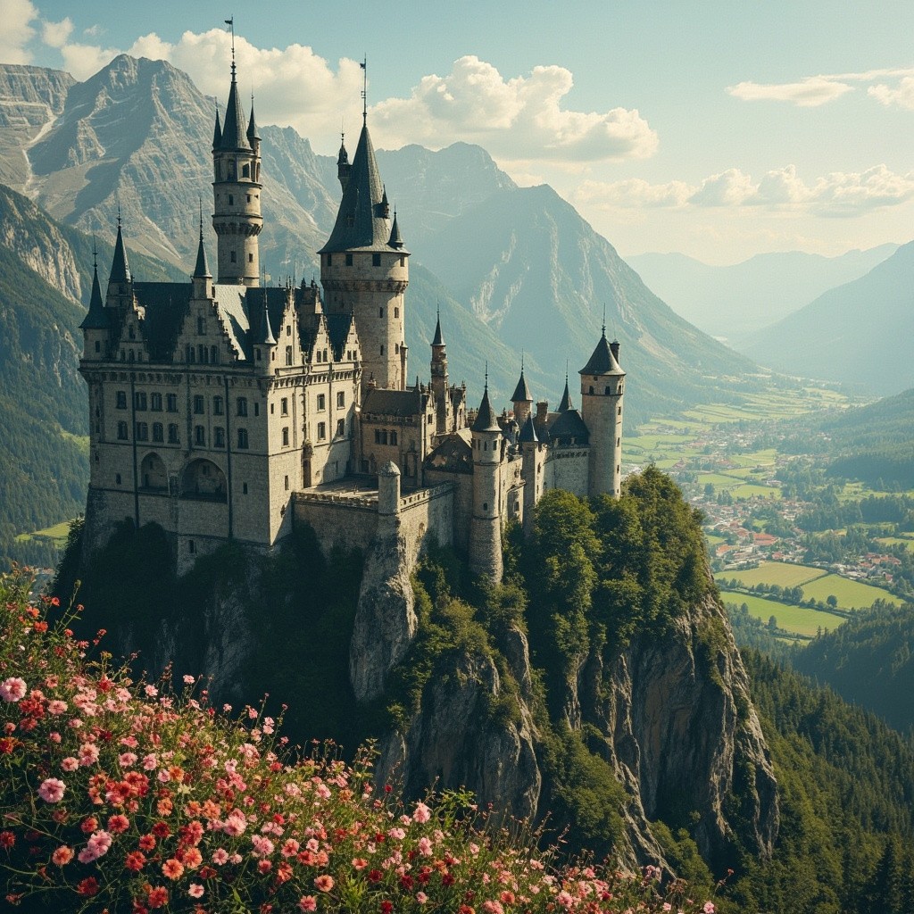 A Medieval Castle Among Mountains and Flowers