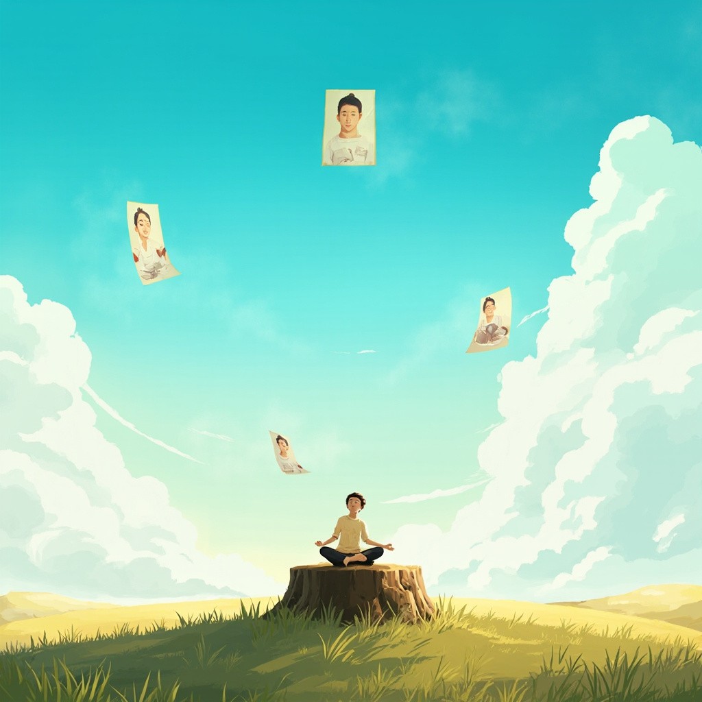 A Meditator Surrounded by Floating Portraits in Serenity