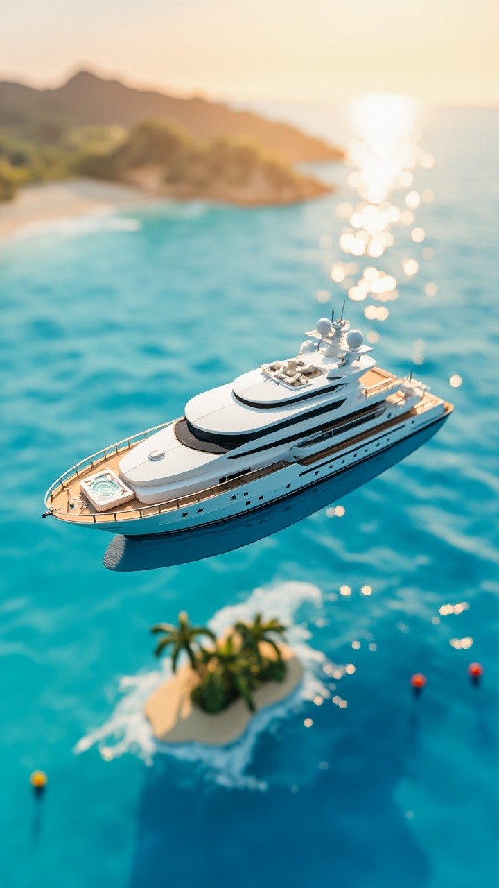 A Miniature Luxury Yacht Floating in Blue Ocean