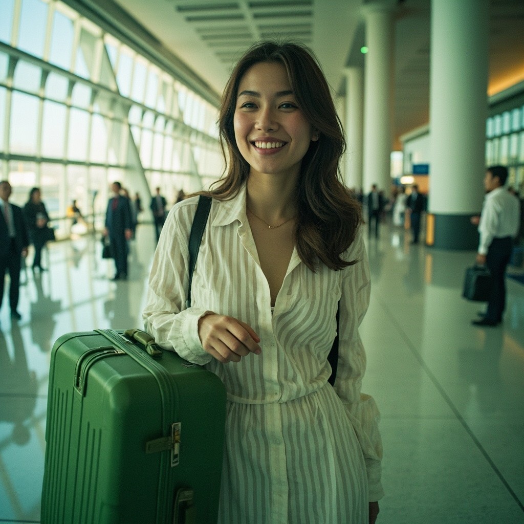A Model with a Green Suitcase at an Airport