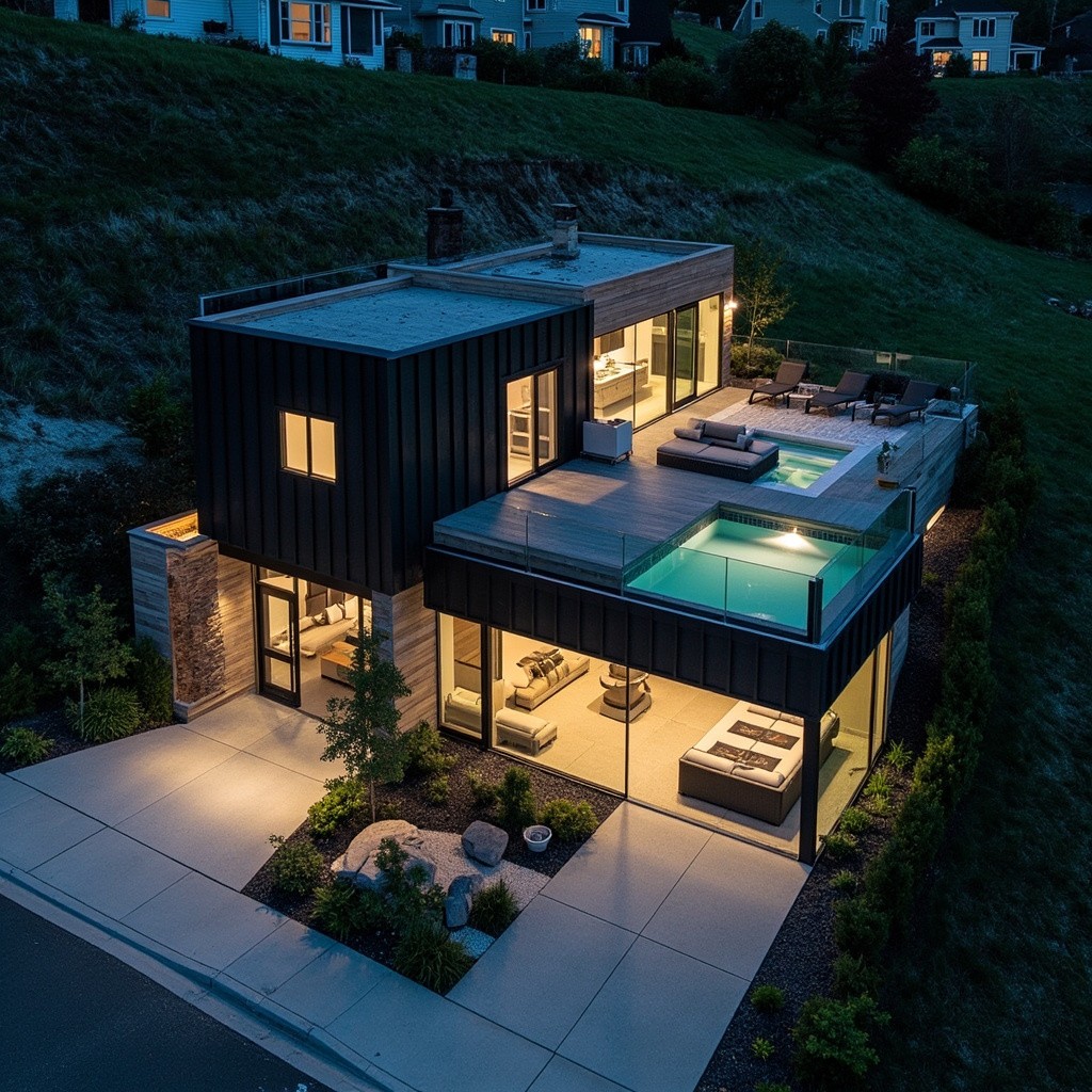 A Modern 2-Story House with Pool at Night
