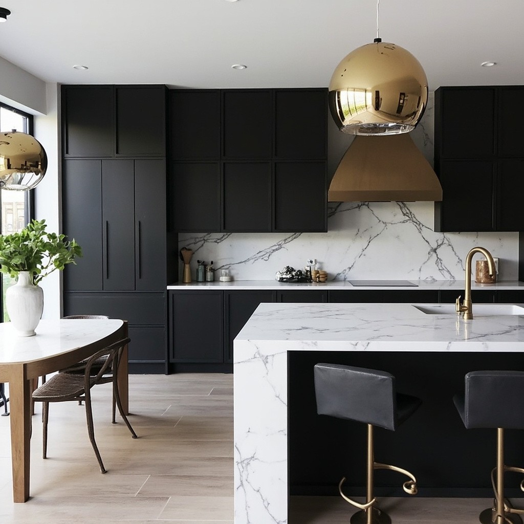 A Modern Kitchen with Black Cabinets and Gold Fixtures