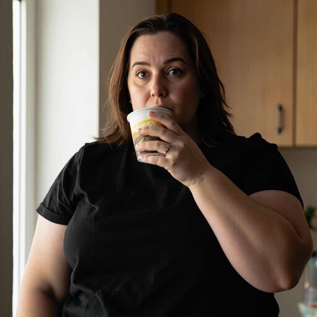 A Mom Drinking Coffee in a Black T-Shirt