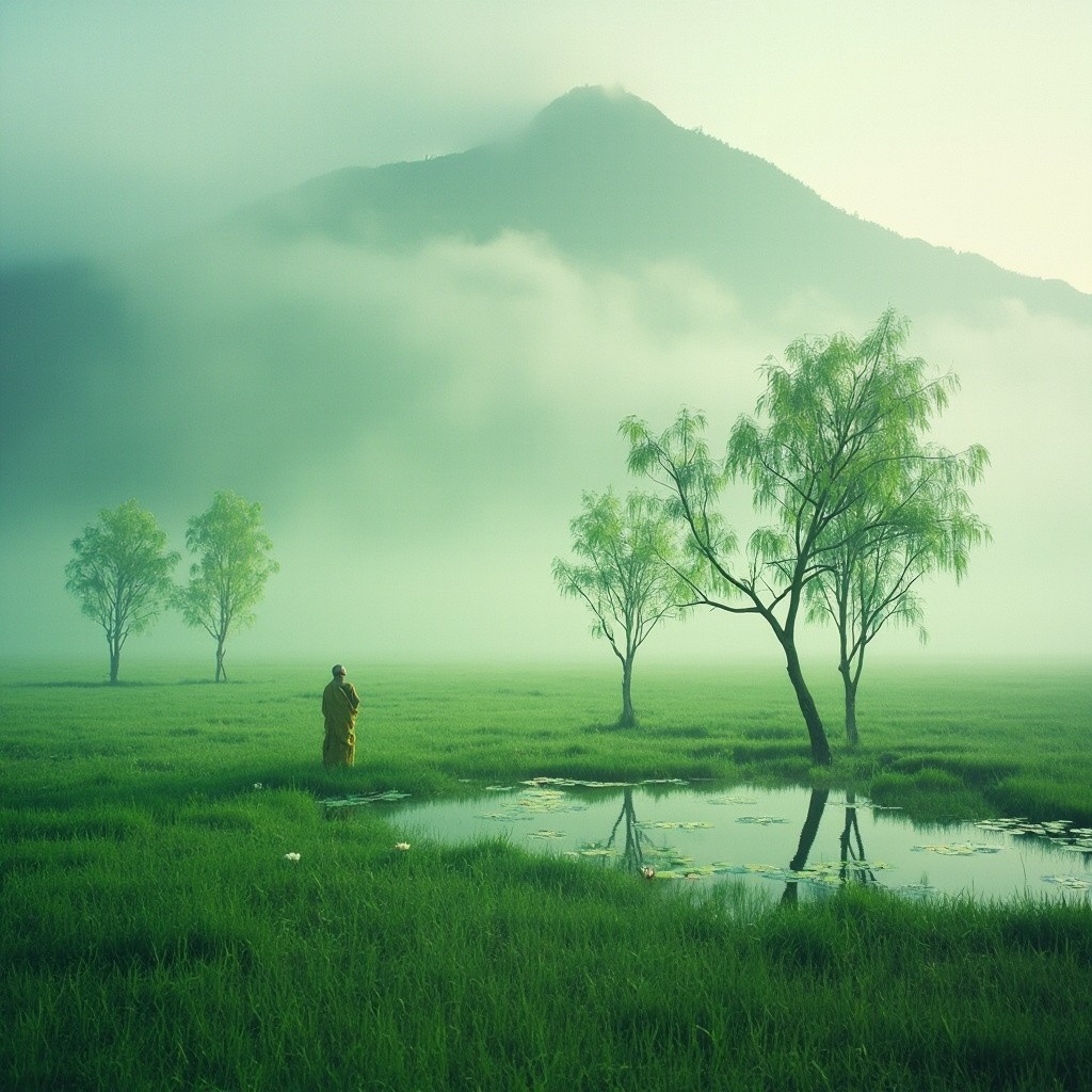 A Monk Meditating Near Misty Mountain Meadow