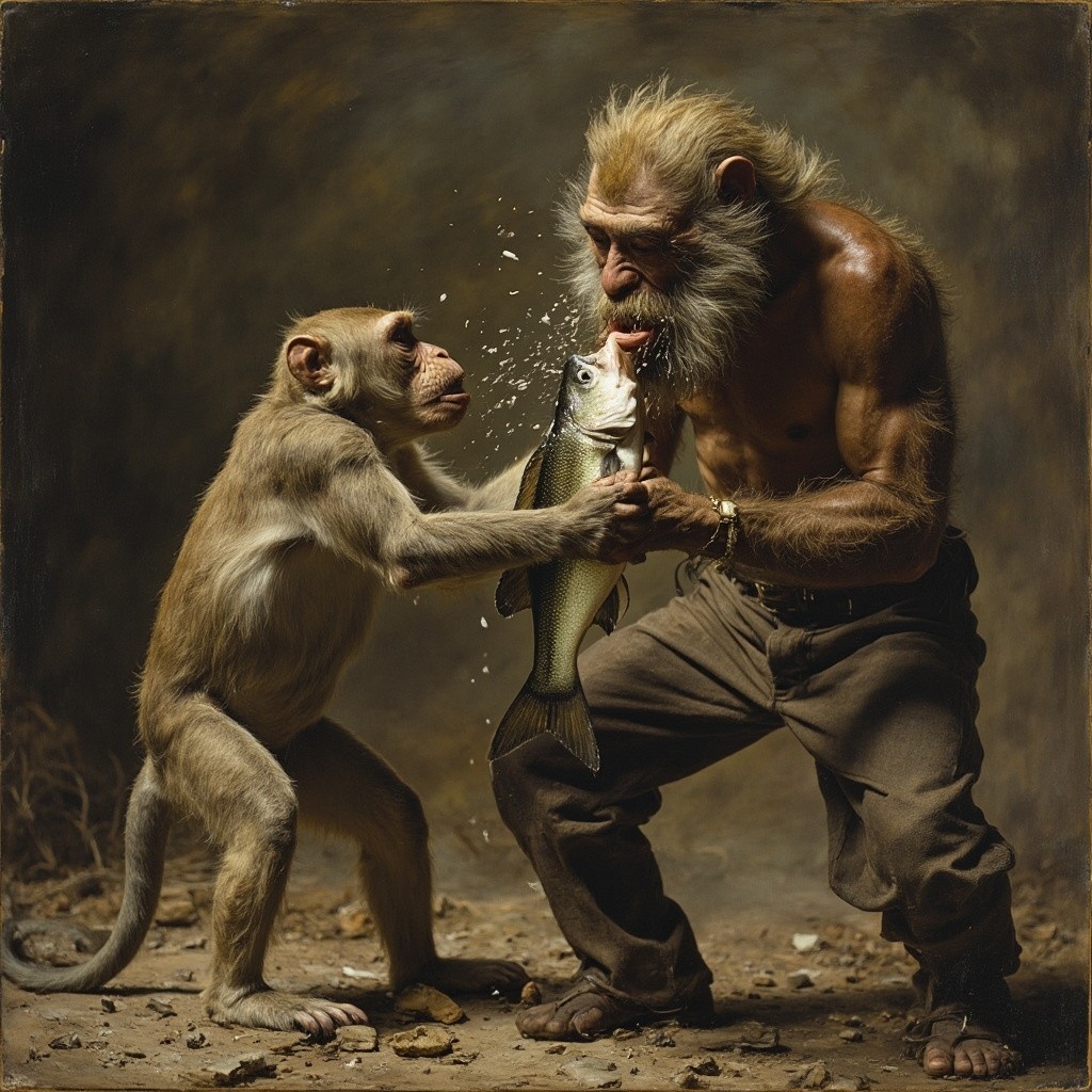 A Monkey Hitting a Man Using a Fish