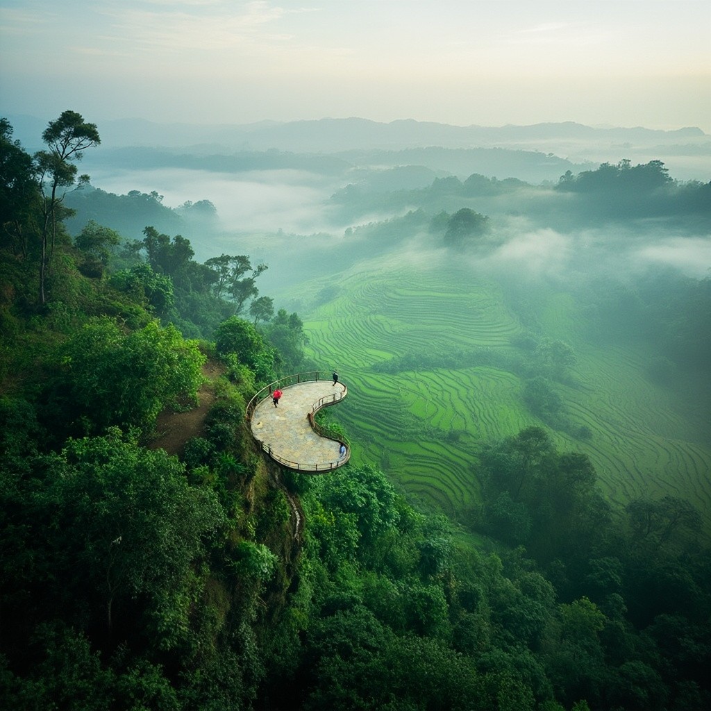 A Morning Mist Over Bali's Terraced Rice Fields