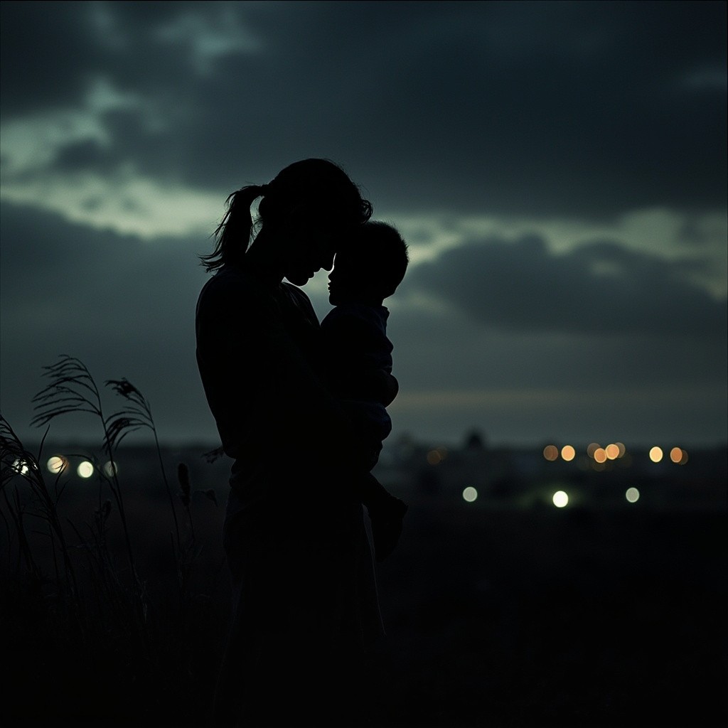 A Mother's Embrace Under Ominous Sky