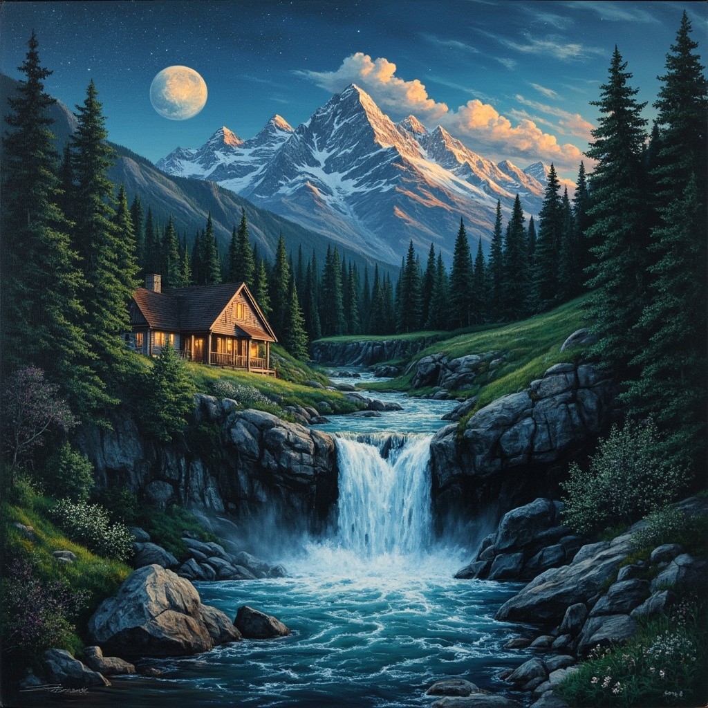 A Mountain Waterfall by Moonlight near a Home