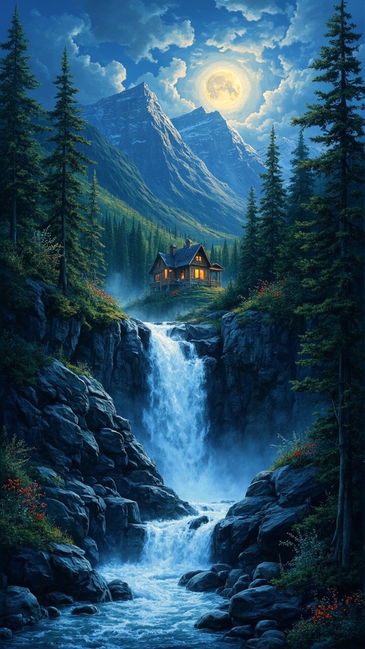 A Mountain Waterfall under the Moonlight Video