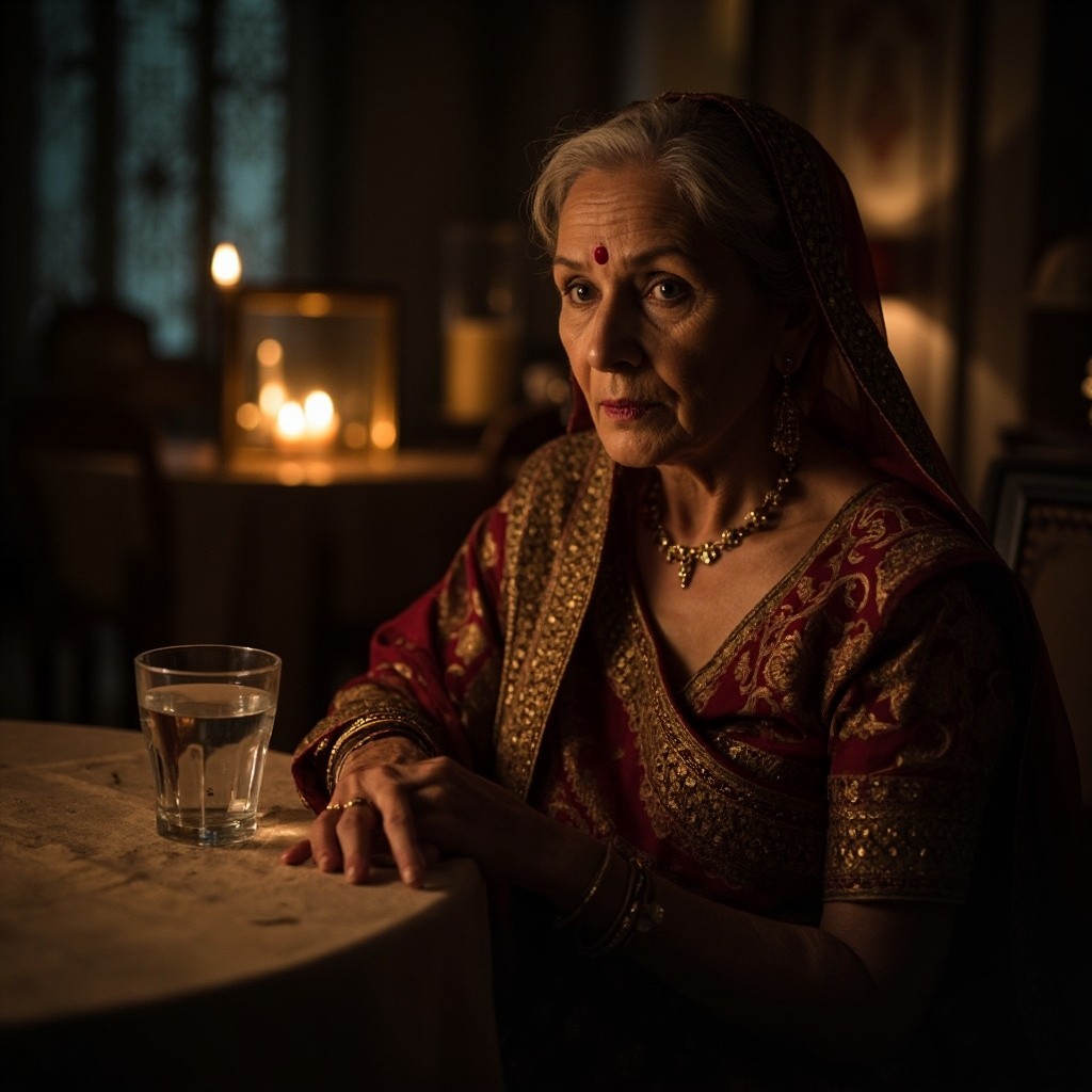 A Mysterious Indian Woman at Candlelit Table