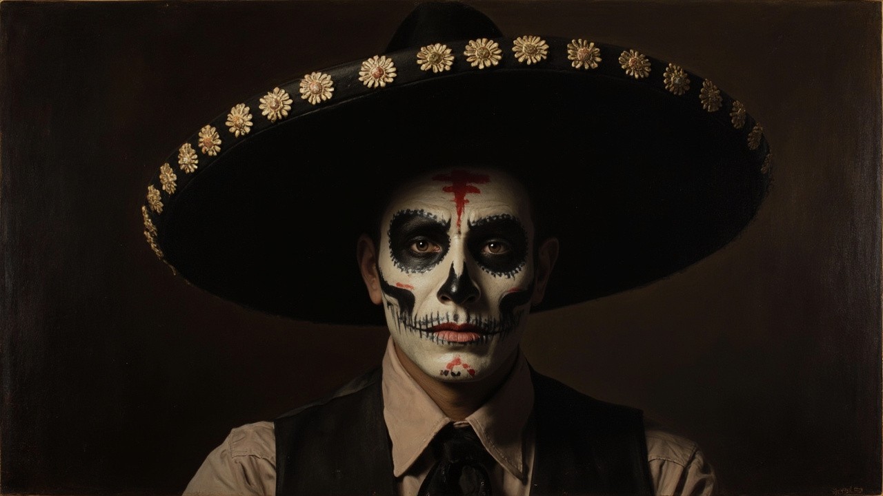 A Mysterious Mexican Charro with Painted Skull Face