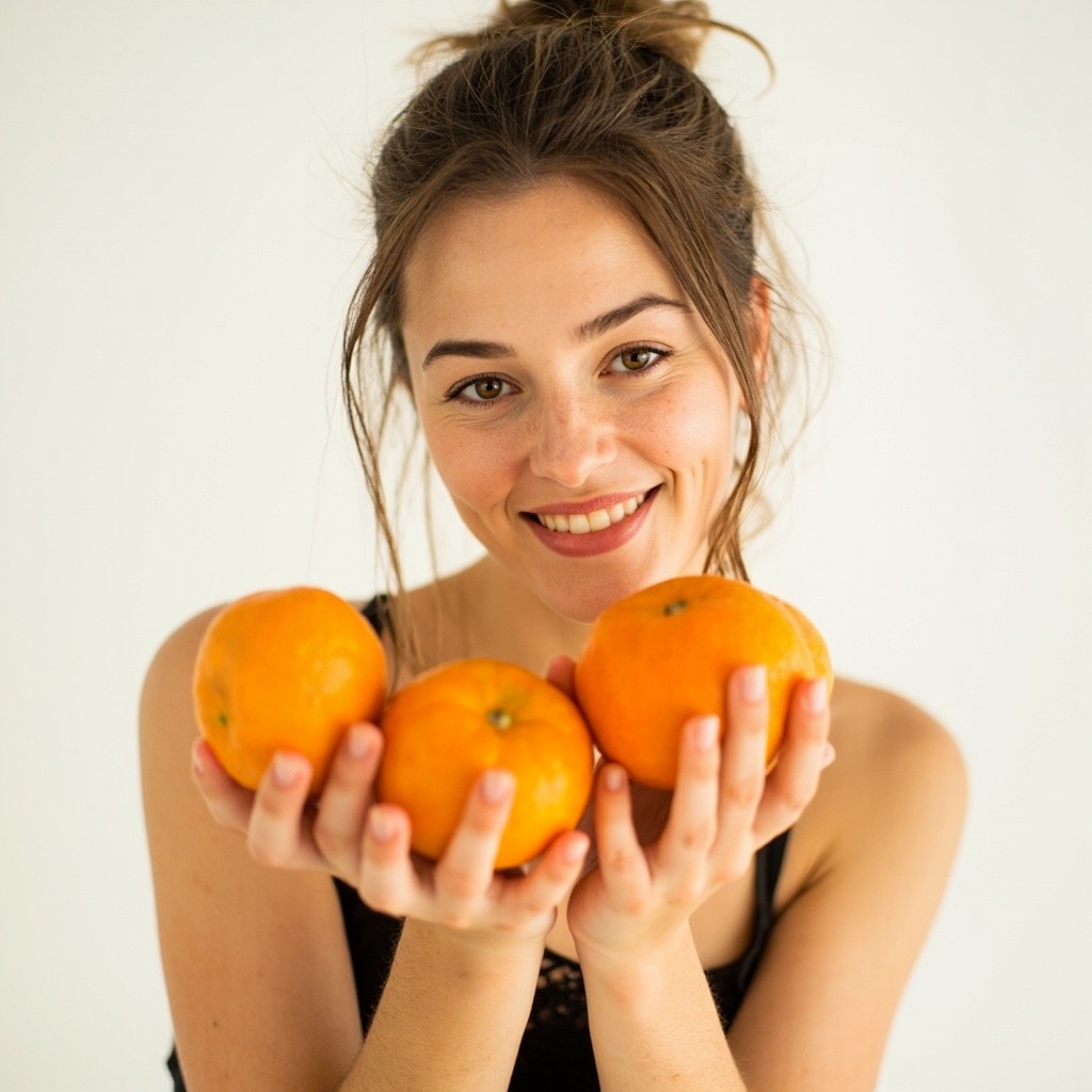 A Natural Russian Model Holding Oranges on White