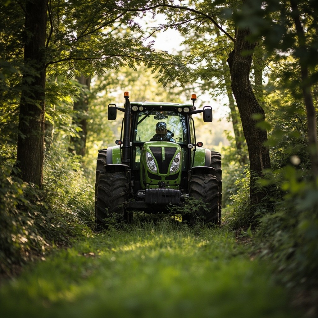 A New Tractor Moving Between Garden Trees