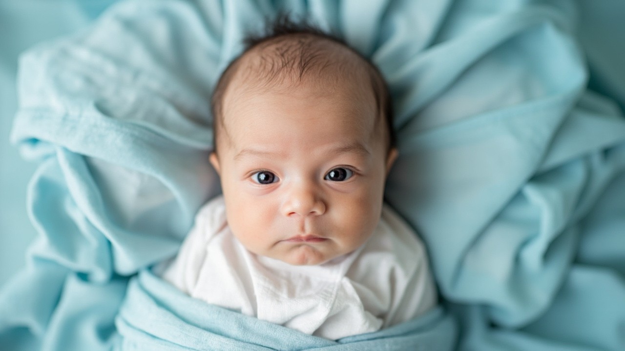 A Newborn Baby on Soft Sky-Blue Cloth