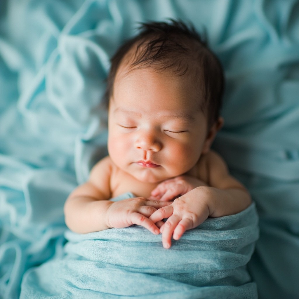 A Newborn on Soft Sky-Blue Fabric