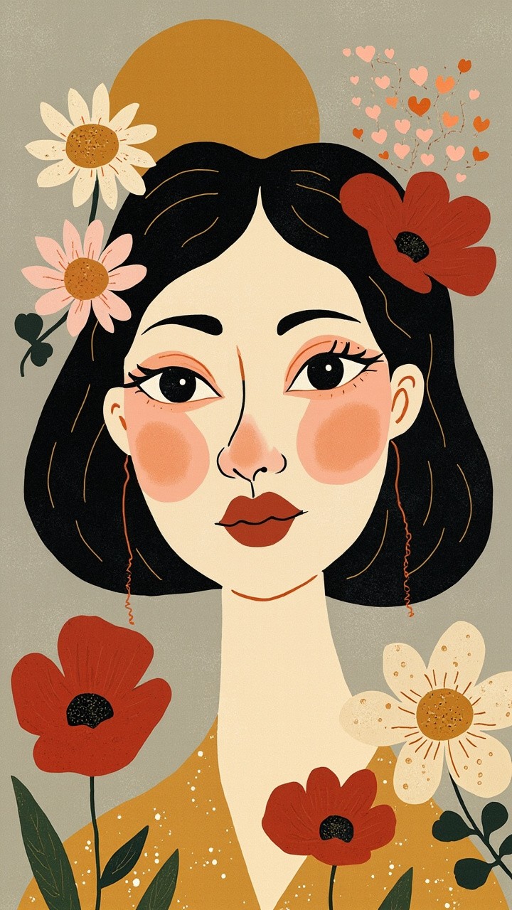 A Nostalgic Woman with Sun and Poppy Flowers