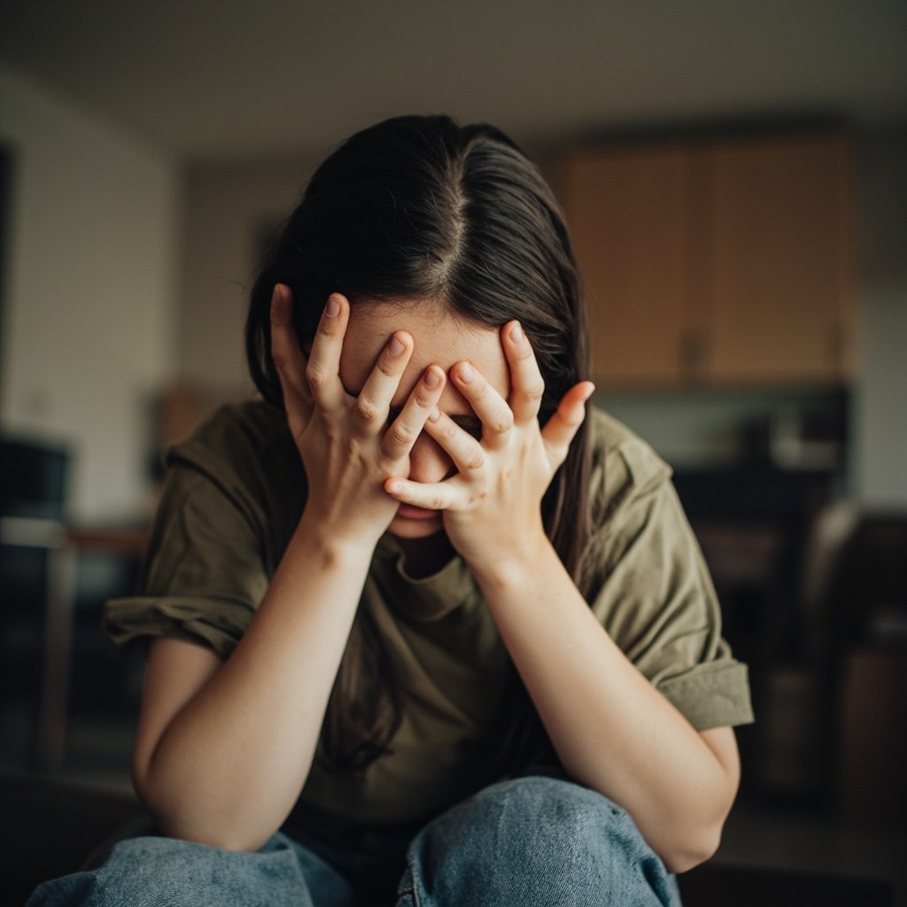 A Parent Covering Face in Frustration at Home