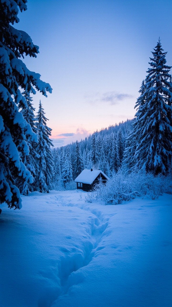 A Peaceful Dawn in Snowy Forest Cabin