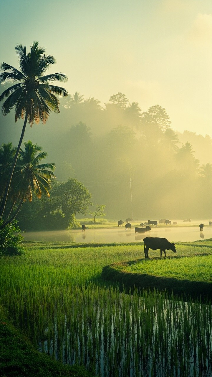A Peaceful Morning in a Misty Village