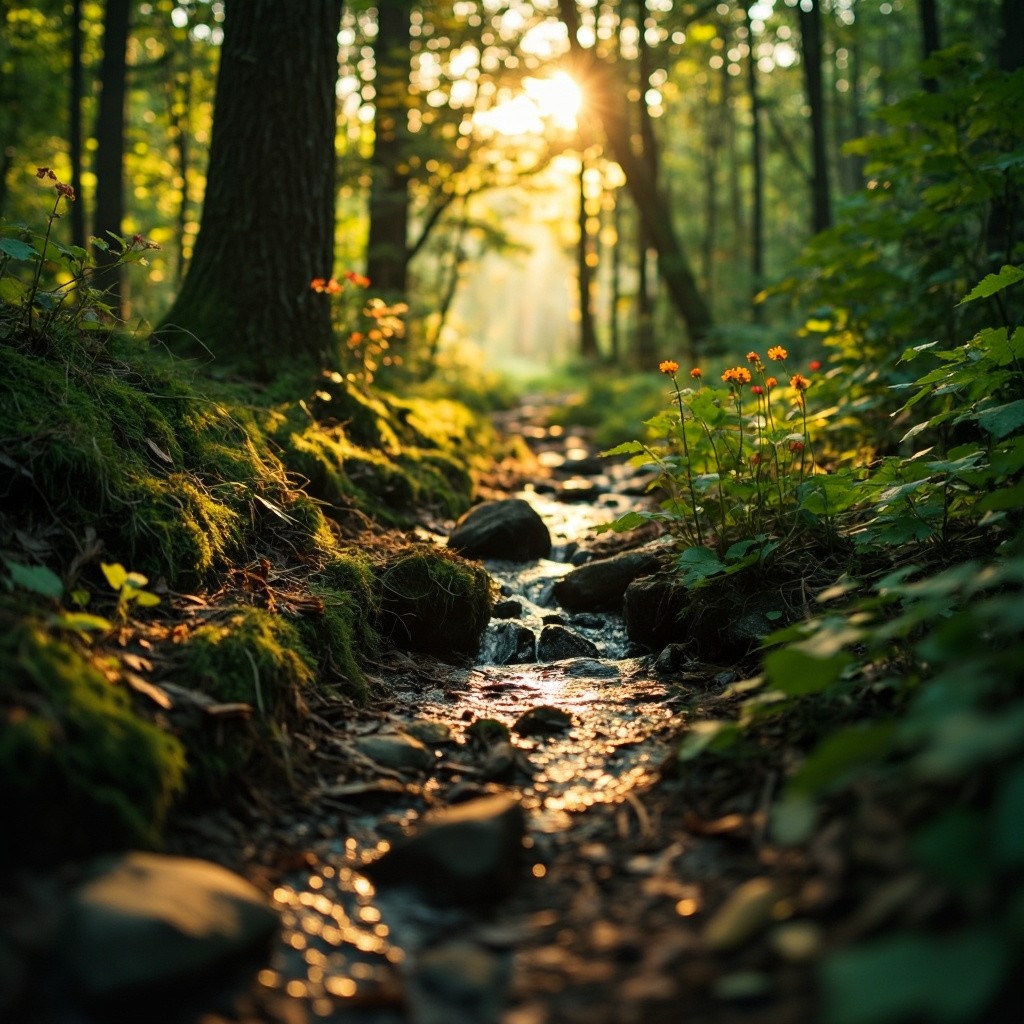 A Peaceful Walk in a Dense, Sundappled Forest